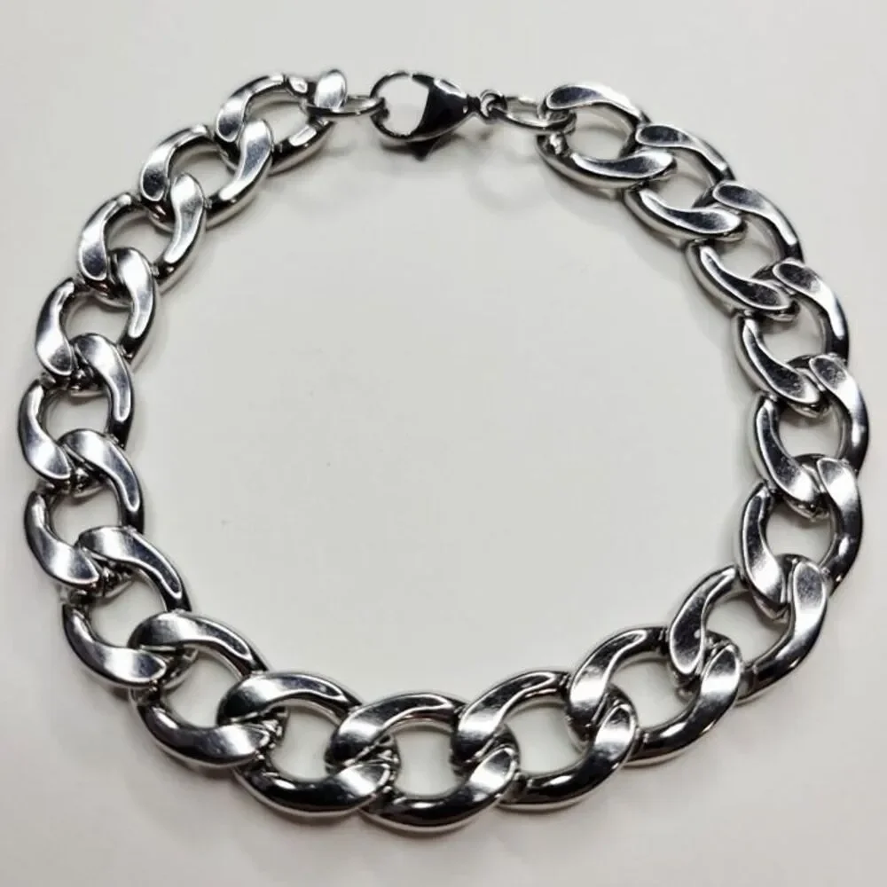 NWT Mens 12mm Shiny Stainless Steel Cuban Link Bracelet Lobster Clasp – 8 in